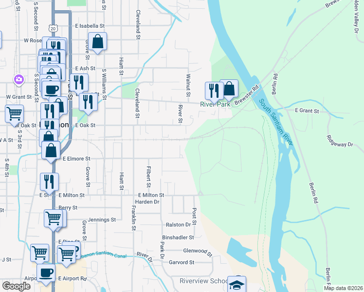 map of restaurants, bars, coffee shops, grocery stores, and more near 793 East Elmore Street in Lebanon