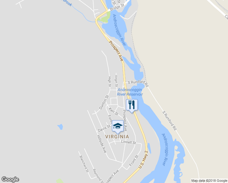 map of restaurants, bars, coffee shops, grocery stores, and more near 19 Free Street in Rumford