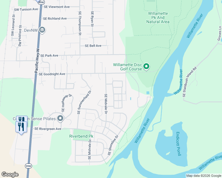 map of restaurants, bars, coffee shops, grocery stores, and more near 3059 Southeast Midvale Drive in Corvallis