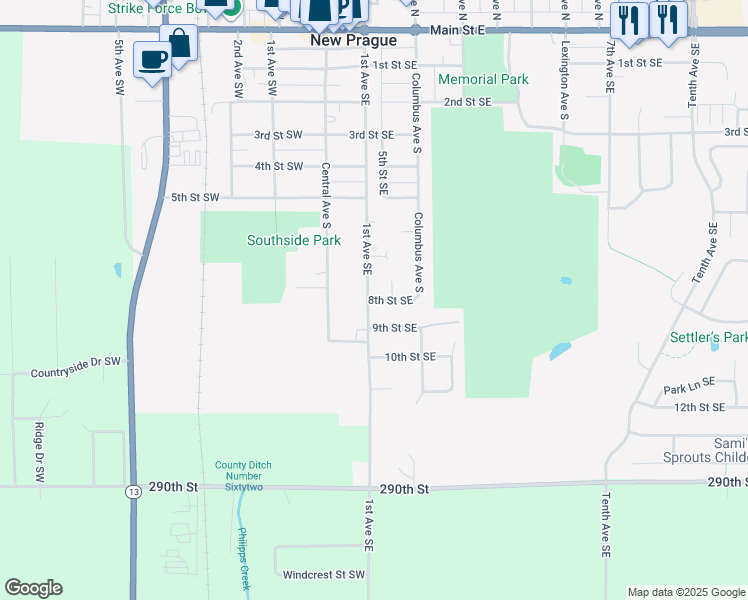 map of restaurants, bars, coffee shops, grocery stores, and more near 212 8th Street Southeast in New Prague