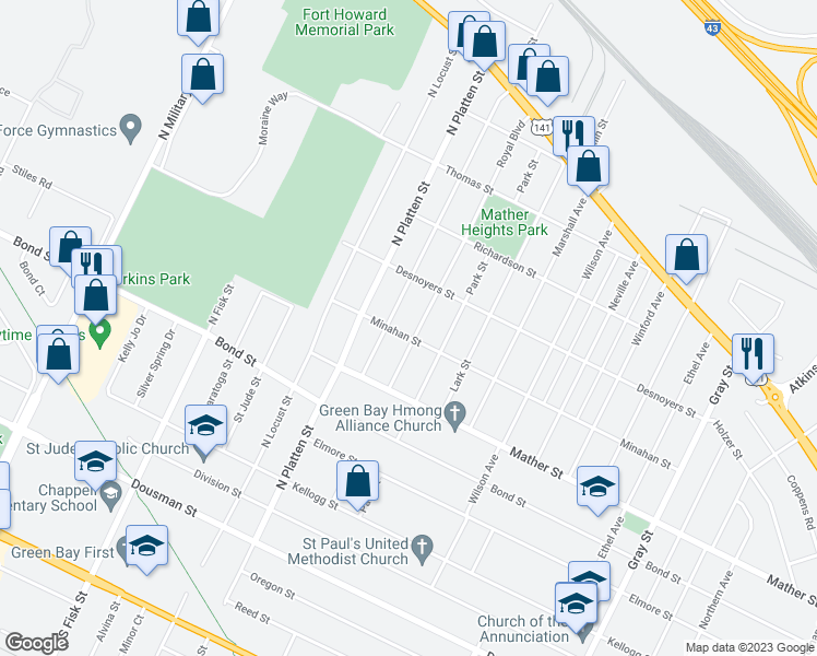 map of restaurants, bars, coffee shops, grocery stores, and more near 821 Royal Boulevard in Green Bay