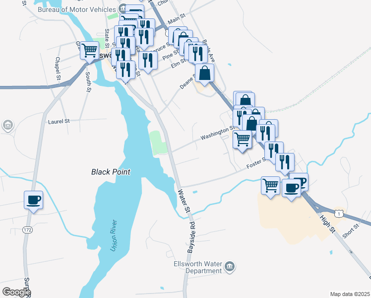 map of restaurants, bars, coffee shops, grocery stores, and more near 19 Washington Street in Ellsworth