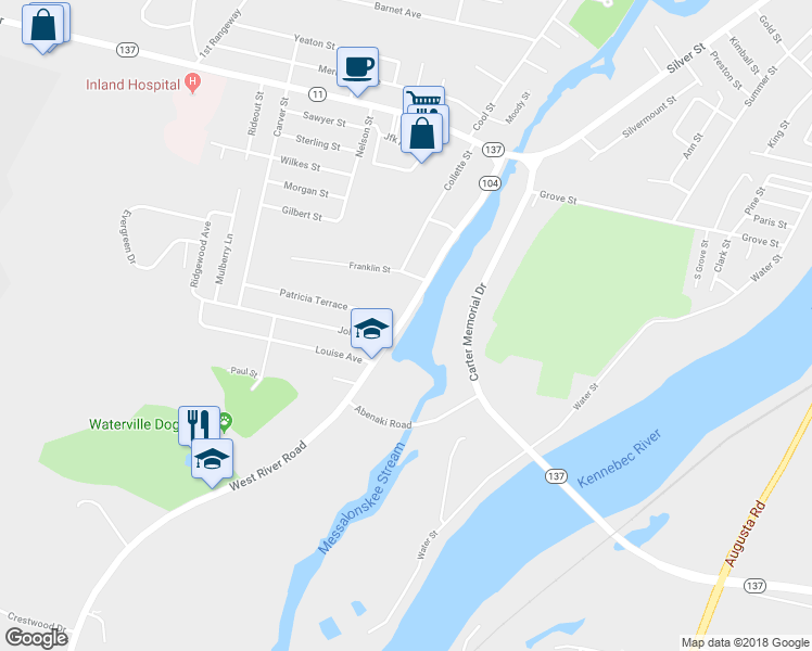 map of restaurants, bars, coffee shops, grocery stores, and more near 67 West River Road in Waterville