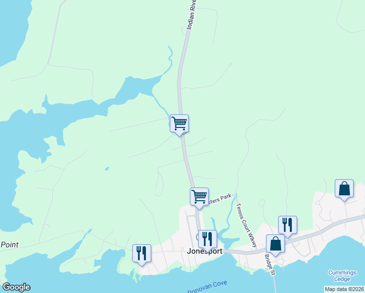 map of restaurants, bars, coffee shops, grocery stores, and more near 2061 Indian River Road in Jonesport