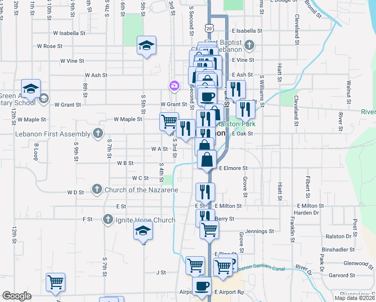 map of restaurants, bars, coffee shops, grocery stores, and more near 1164 South Second Street in Lebanon