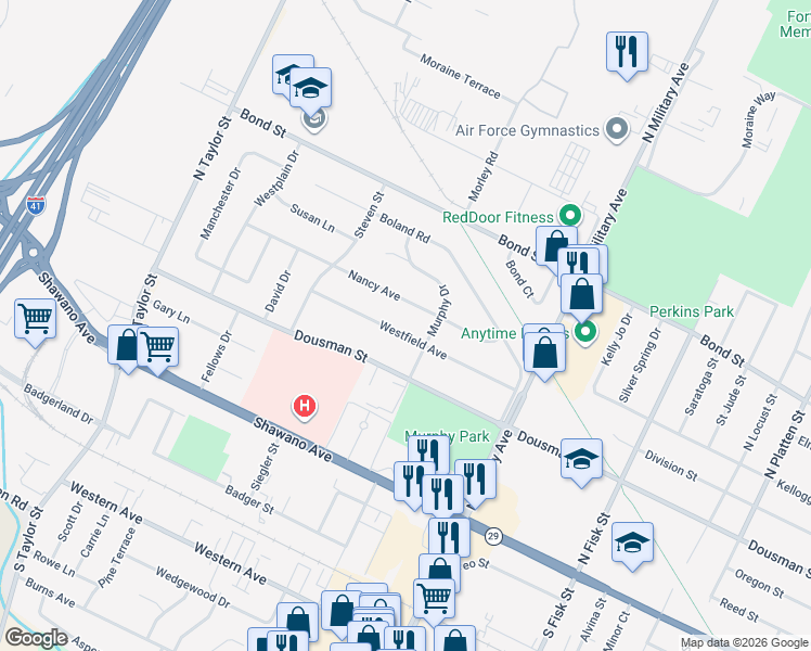 map of restaurants, bars, coffee shops, grocery stores, and more near 1679 Westfield Avenue in Green Bay