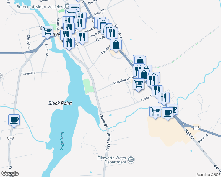 map of restaurants, bars, coffee shops, grocery stores, and more near 19 Washington Street in Ellsworth