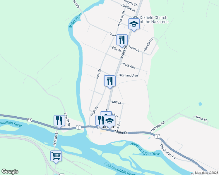 map of restaurants, bars, coffee shops, grocery stores, and more near 57 High Street in Dixfield