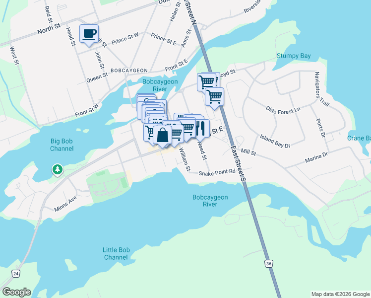 map of restaurants, bars, coffee shops, grocery stores, and more near 86 William Street in Kawartha Lakes
