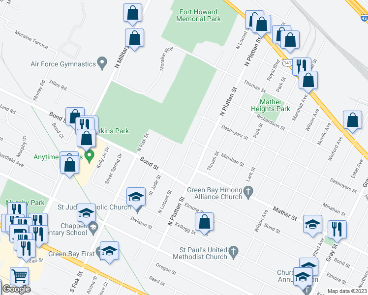 map of restaurants, bars, coffee shops, grocery stores, and more near 723 North Locust Street in Green Bay