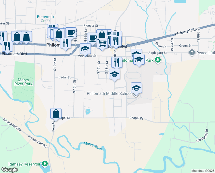 map of restaurants, bars, coffee shops, grocery stores, and more near 543 South 18th Street in Philomath