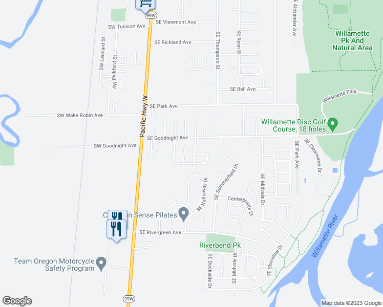 map of restaurants, bars, coffee shops, grocery stores, and more near 85 Southeast River Park Way in Corvallis