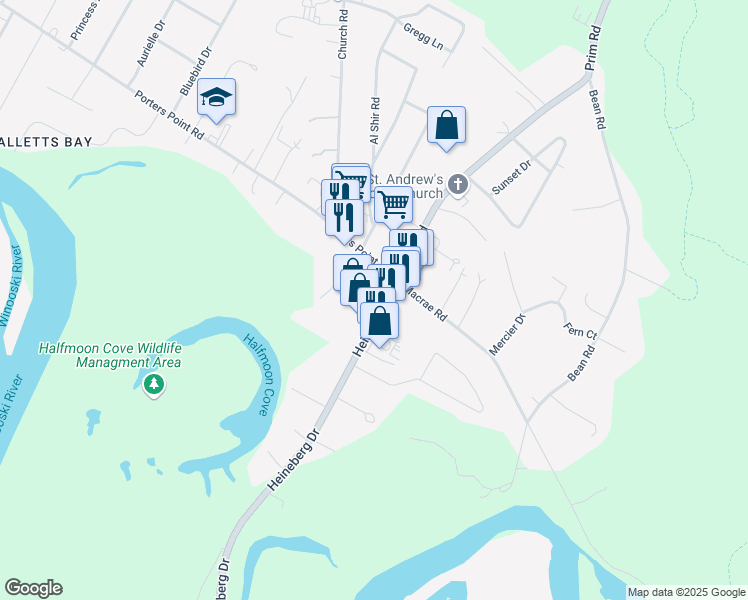 map of restaurants, bars, coffee shops, grocery stores, and more near 55 Porters Point Road in Colchester