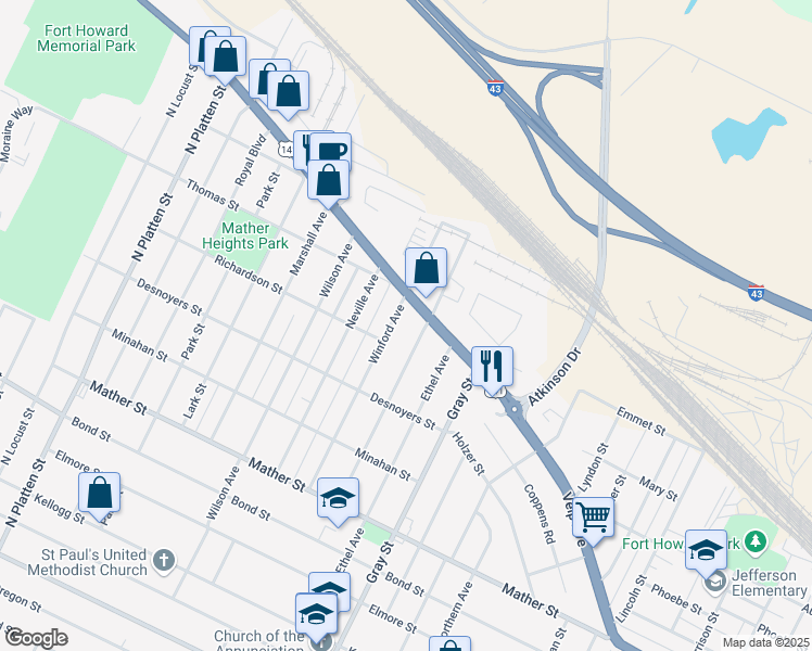 map of restaurants, bars, coffee shops, grocery stores, and more near 1142 Velp Avenue in Green Bay