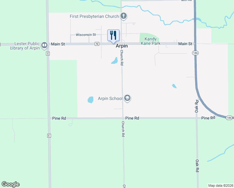 map of restaurants, bars, coffee shops, grocery stores, and more near 7979 Church Road in Arpin