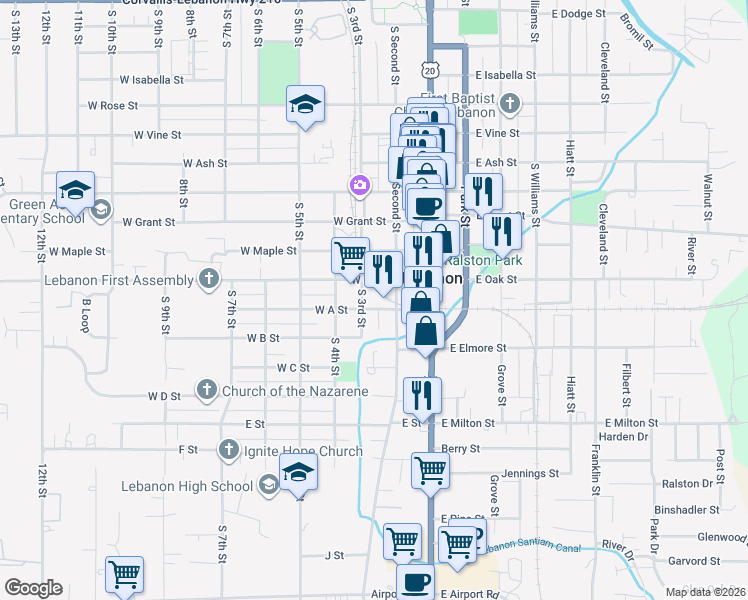 map of restaurants, bars, coffee shops, grocery stores, and more near 175 West Oak Street in Lebanon