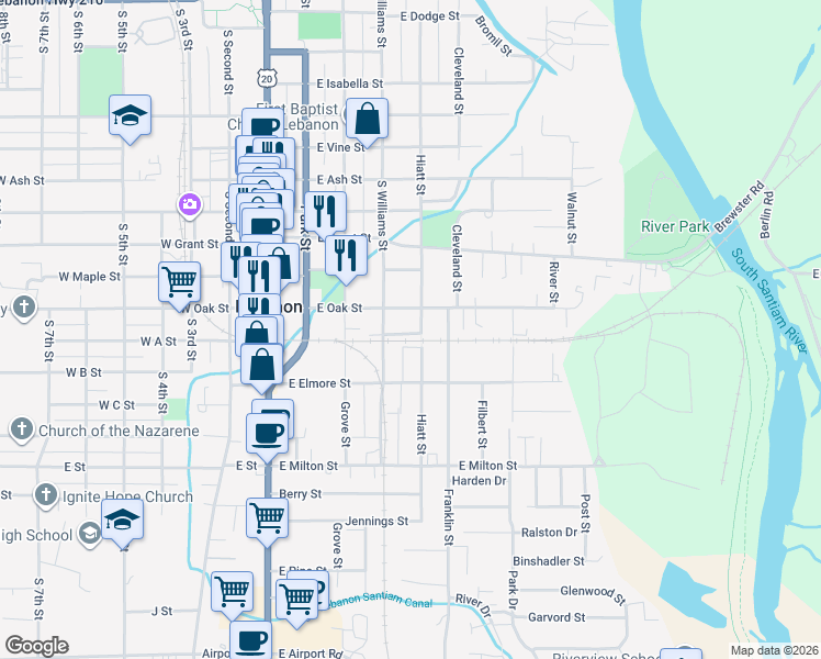 map of restaurants, bars, coffee shops, grocery stores, and more near 1070 Hiatt Street in Lebanon