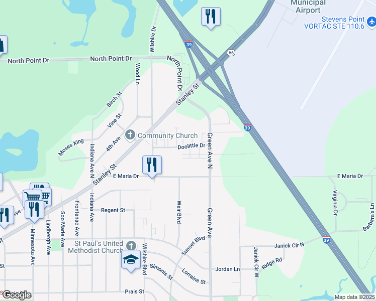 map of restaurants, bars, coffee shops, grocery stores, and more near 3901 Doolittle Drive in Stevens Point