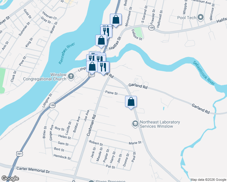 map of restaurants, bars, coffee shops, grocery stores, and more near 2 Belanger Street in Winslow