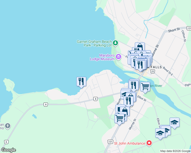 map of restaurants, bars, coffee shops, grocery stores, and more near 67 West Street North in Kawartha Lakes