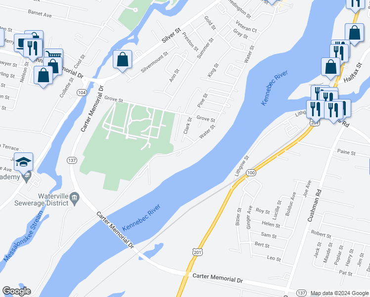 map of restaurants, bars, coffee shops, grocery stores, and more near 215 Water Street in Waterville