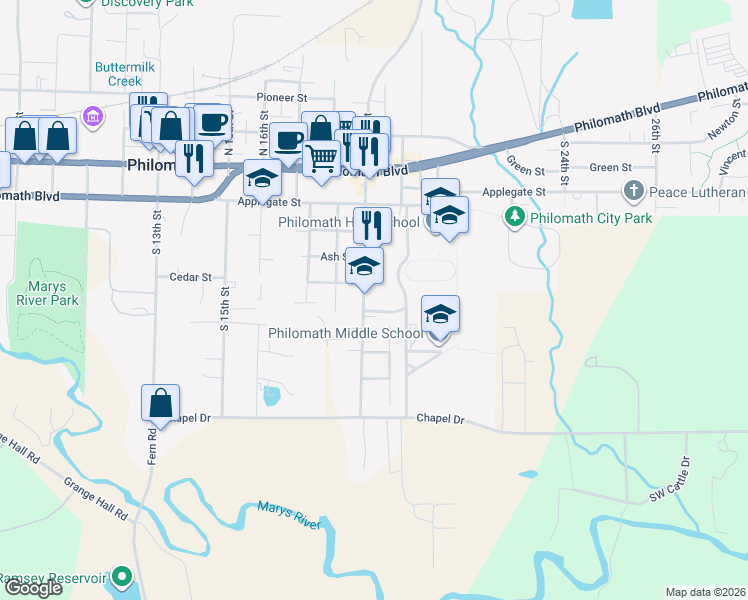 map of restaurants, bars, coffee shops, grocery stores, and more near 535 South 19th Street in Philomath