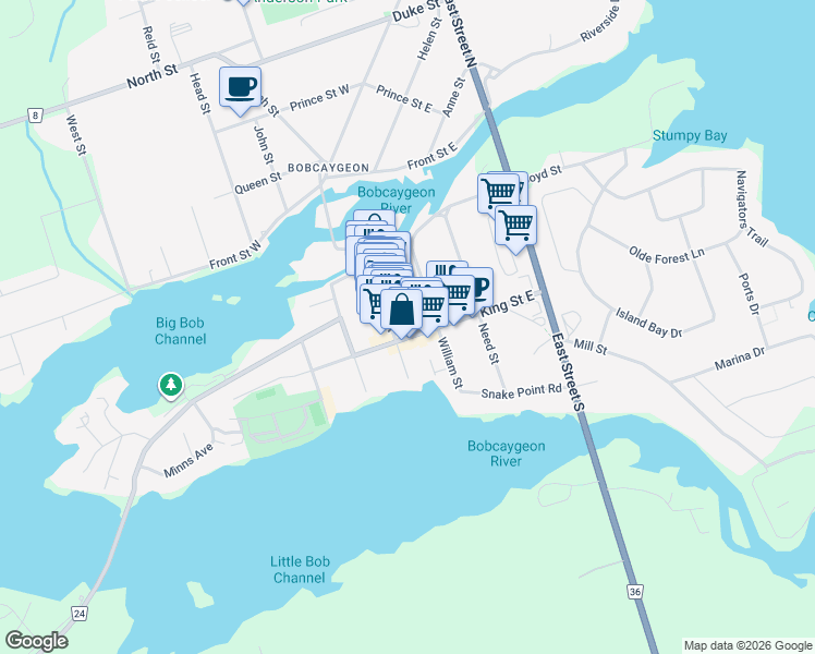 map of restaurants, bars, coffee shops, grocery stores, and more near 10 King Street East in Kawartha Lakes