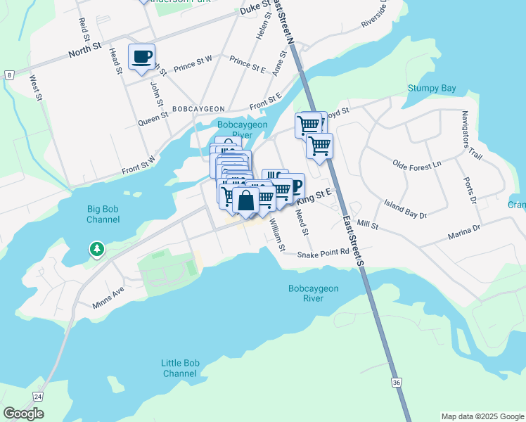 map of restaurants, bars, coffee shops, grocery stores, and more near 45 William Street in Kawartha Lakes