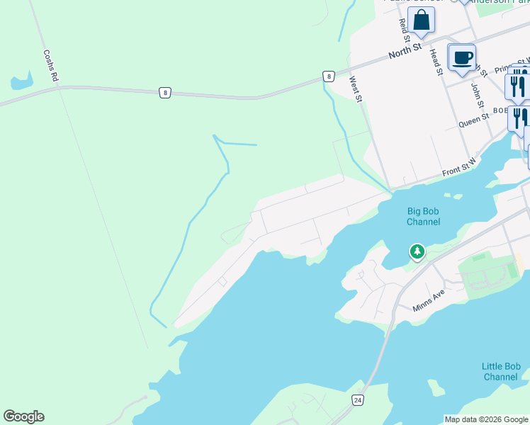 map of restaurants, bars, coffee shops, grocery stores, and more near 3 Hillcroft Way in Kawartha Lakes