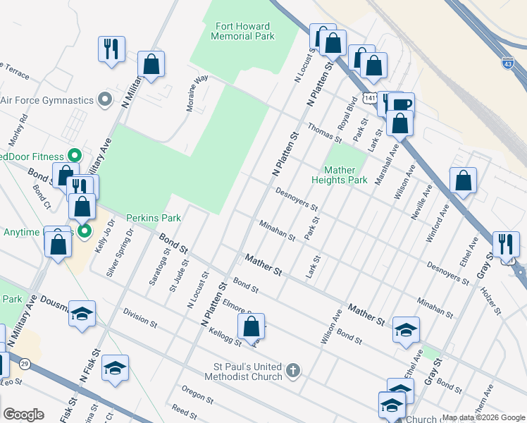 map of restaurants, bars, coffee shops, grocery stores, and more near 904 North Platten Street in Green Bay