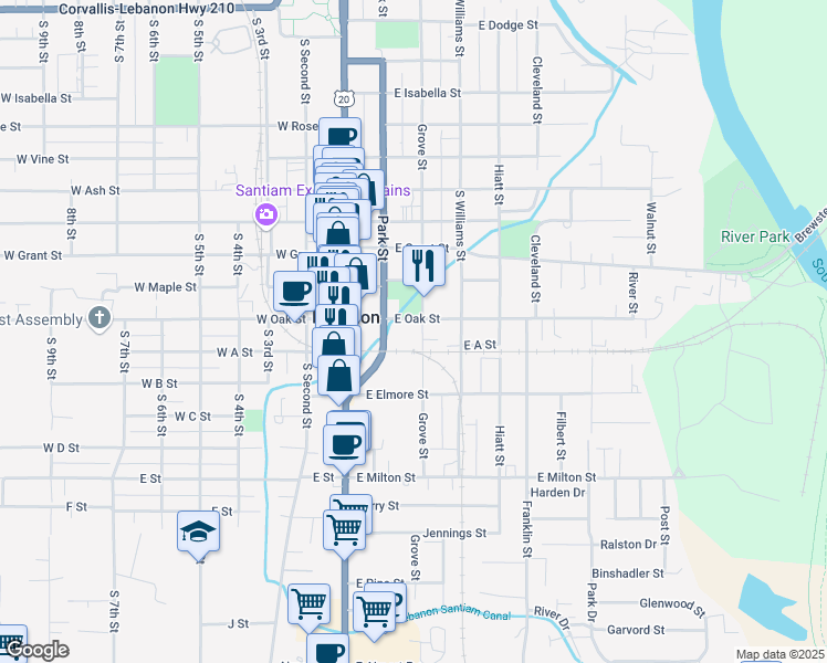 map of restaurants, bars, coffee shops, grocery stores, and more near 190 East Oak Street in Lebanon