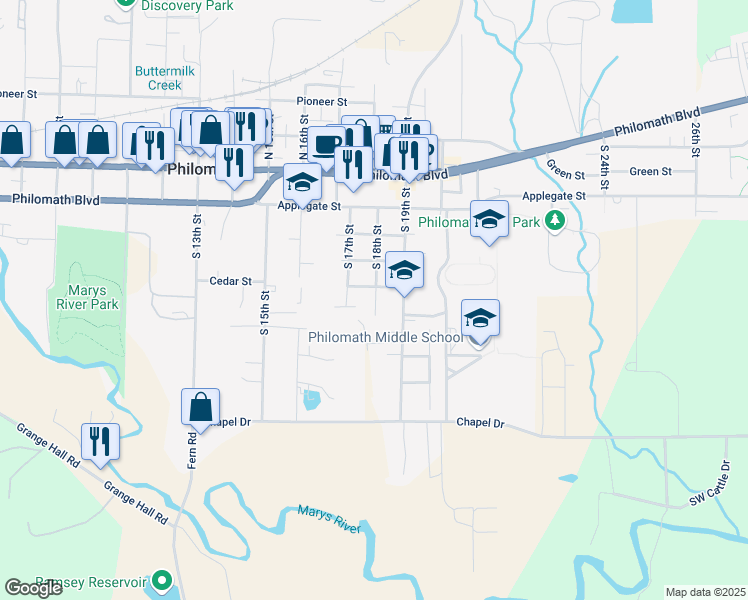 map of restaurants, bars, coffee shops, grocery stores, and more near 1805 Cedar Street in Philomath