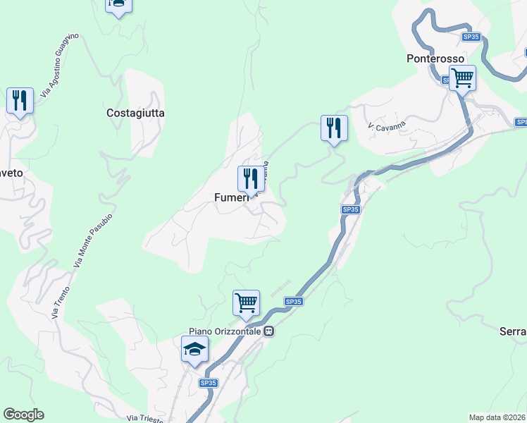 map of restaurants, bars, coffee shops, grocery stores, and more near Via Badino in Fumeri