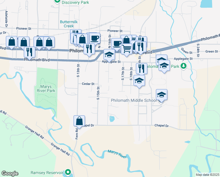 map of restaurants, bars, coffee shops, grocery stores, and more near 401 South 16th Street in Philomath