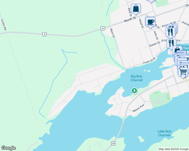 map of restaurants, bars, coffee shops, grocery stores, and more near 231 Front Street West in Kawartha Lakes