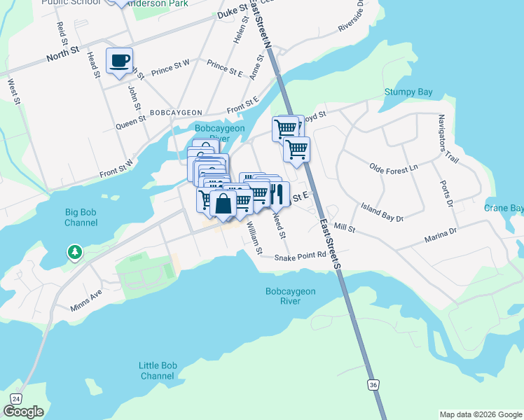 map of restaurants, bars, coffee shops, grocery stores, and more near King Street East in Kawartha Lakes