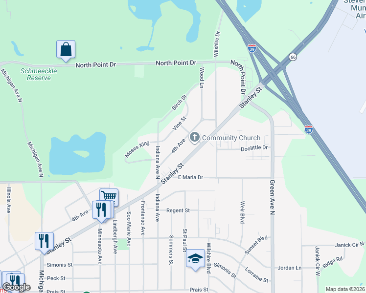 map of restaurants, bars, coffee shops, grocery stores, and more near 3428 4th Avenue in Stevens Point