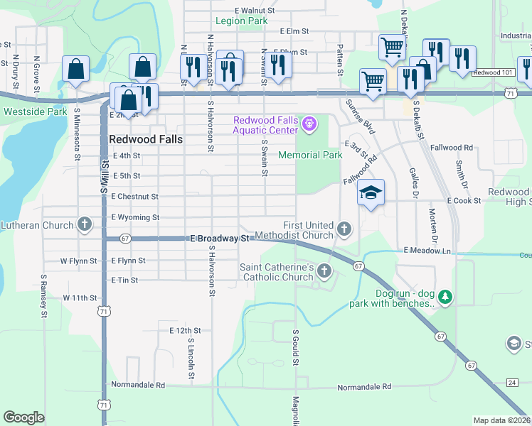 map of restaurants, bars, coffee shops, grocery stores, and more near 717 East Wyoming Street in Redwood Falls