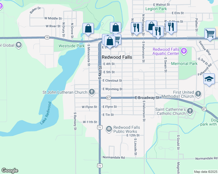 map of restaurants, bars, coffee shops, grocery stores, and more near 614 South Washington Street in Redwood Falls