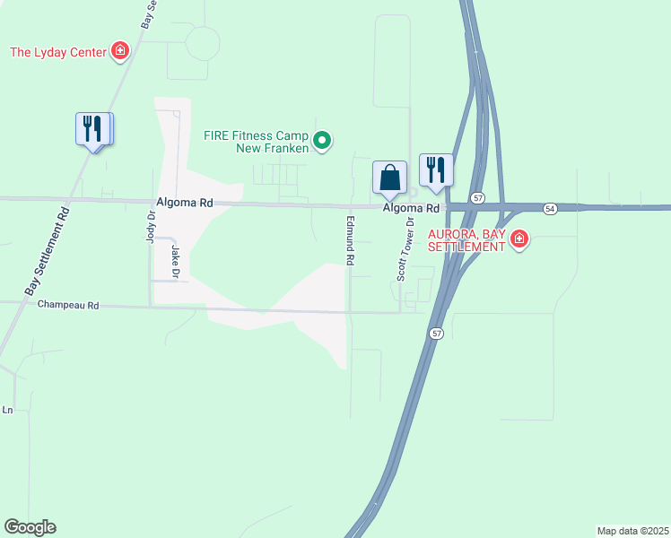 map of restaurants, bars, coffee shops, grocery stores, and more near 2515 Edmund Road in New Franken