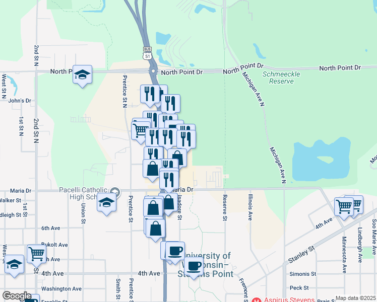 map of restaurants, bars, coffee shops, grocery stores, and more near 135 Division Street in Stevens Point