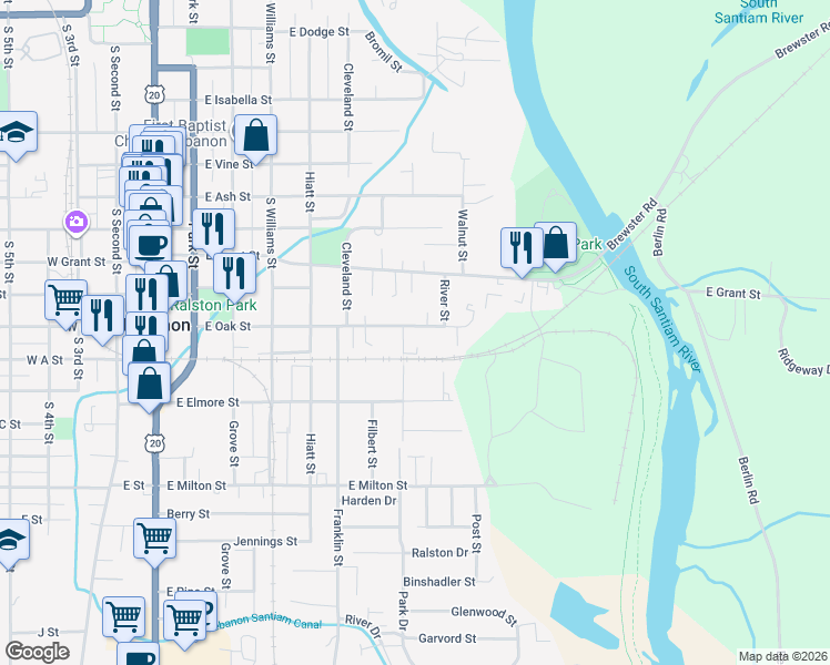 map of restaurants, bars, coffee shops, grocery stores, and more near 750 East Oak Street in Lebanon