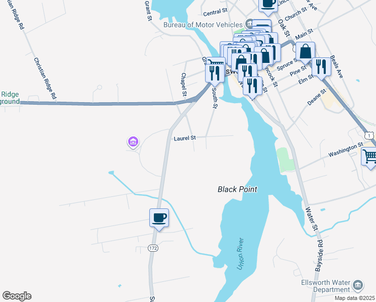 map of restaurants, bars, coffee shops, grocery stores, and more near 39 Maple Street in Ellsworth