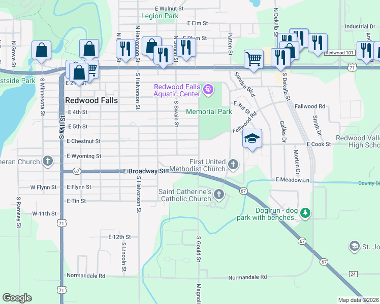 map of restaurants, bars, coffee shops, grocery stores, and more near 717 East Wyoming Street in Redwood Falls