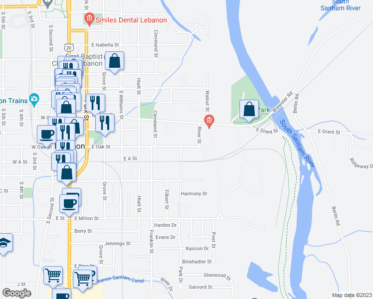 map of restaurants, bars, coffee shops, grocery stores, and more near 750 East Oak Street in Lebanon