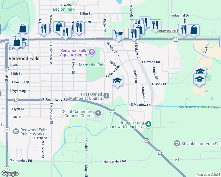 map of restaurants, bars, coffee shops, grocery stores, and more near 208 McPhail Drive in Redwood Falls