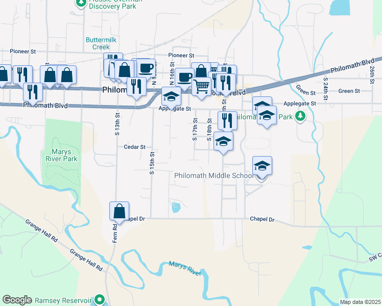 map of restaurants, bars, coffee shops, grocery stores, and more near 500 South 17th Street in Philomath