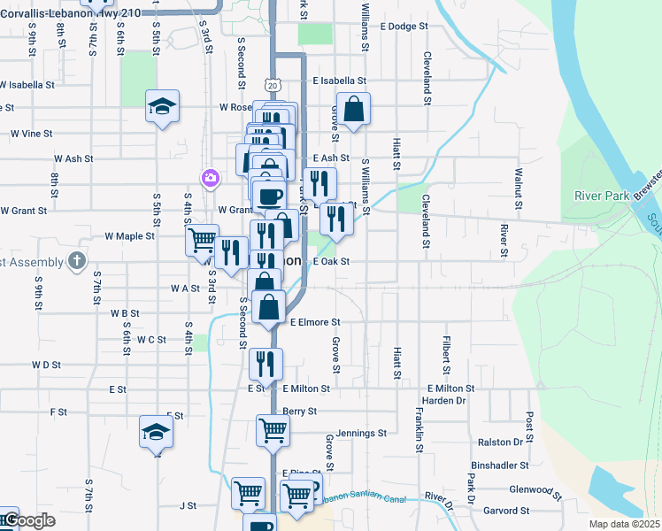 map of restaurants, bars, coffee shops, grocery stores, and more near 190 East Oak Street in Lebanon