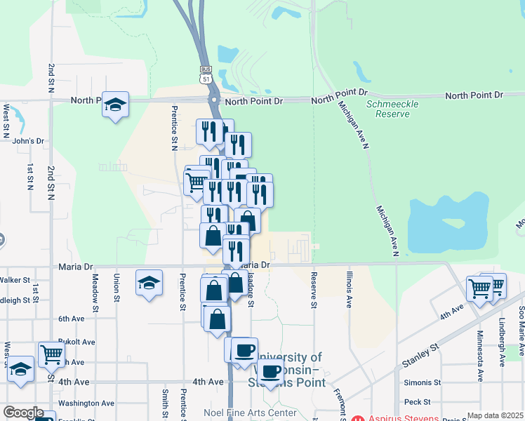 map of restaurants, bars, coffee shops, grocery stores, and more near 135 Division Street in Stevens Point