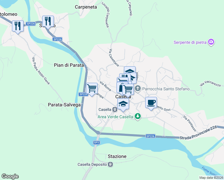map of restaurants, bars, coffee shops, grocery stores, and more near 34 Via Roma in Casella